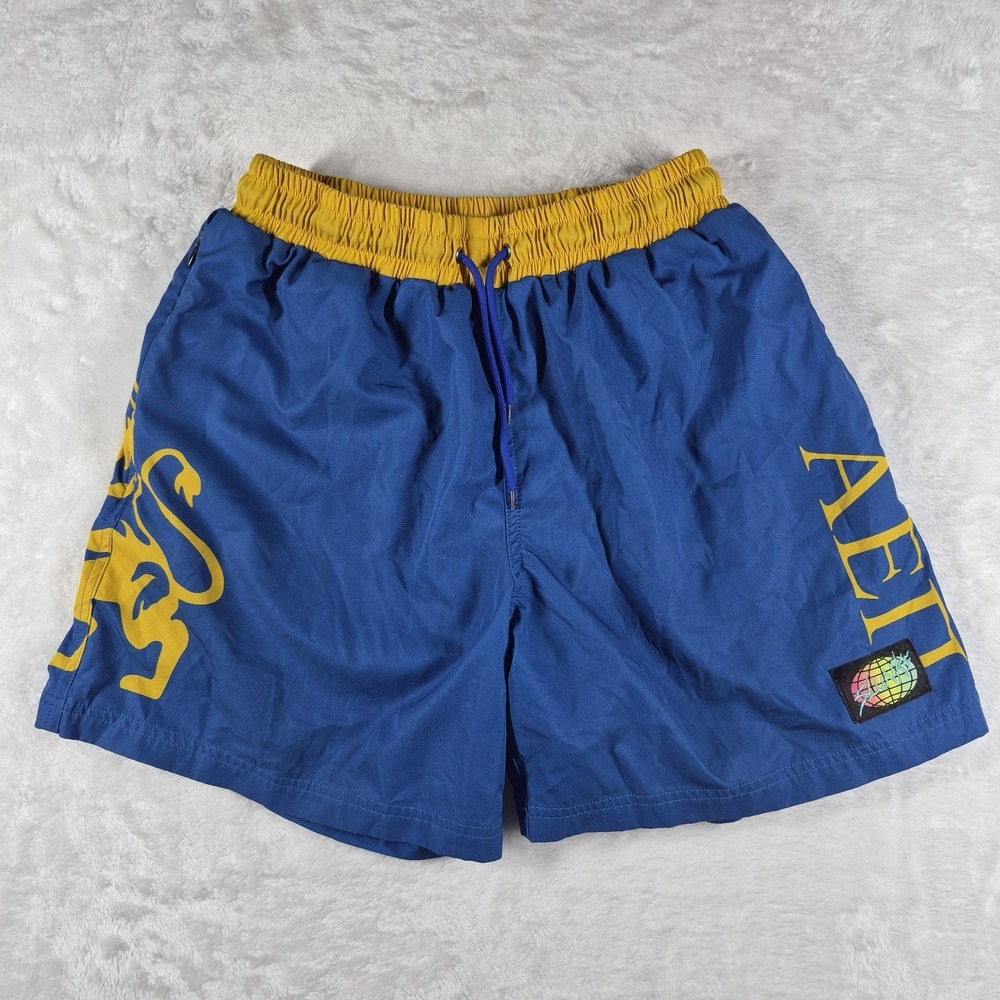 Slunks Shorts Men's Medium Blue Lined Lion AEPi Volleyball Beach Casual Comfort